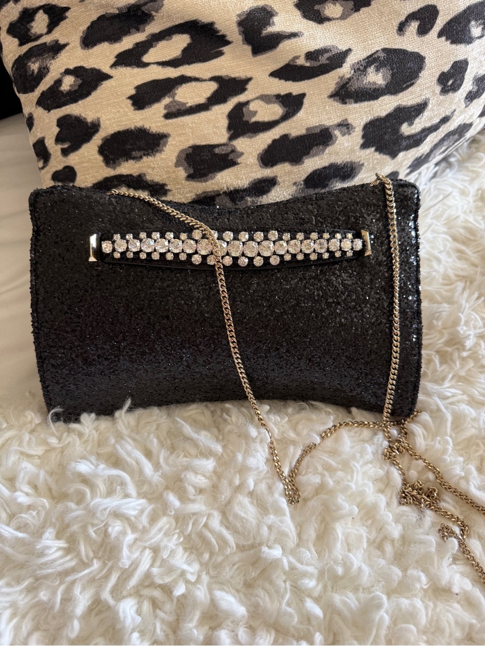 Jimmy Choo Black Sequin Clutch with Crystal Bar and Gold Chain